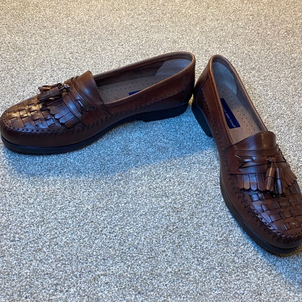 Giorgio Brutini Mens Leather‎ Tassel Loafer Shoes Brown Woven Size 10